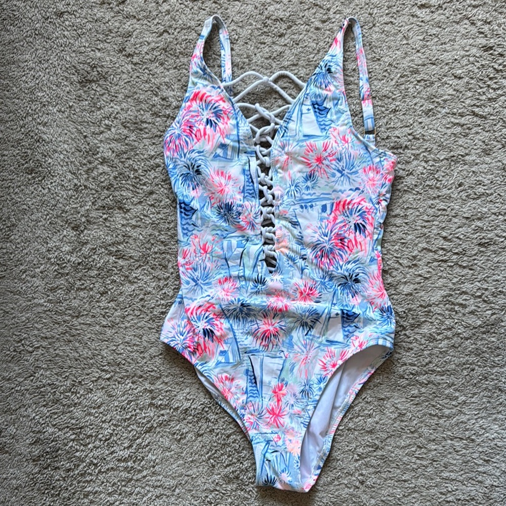 Lilly Pulitzer Pink and Blue One Piece with Plunging Neckline